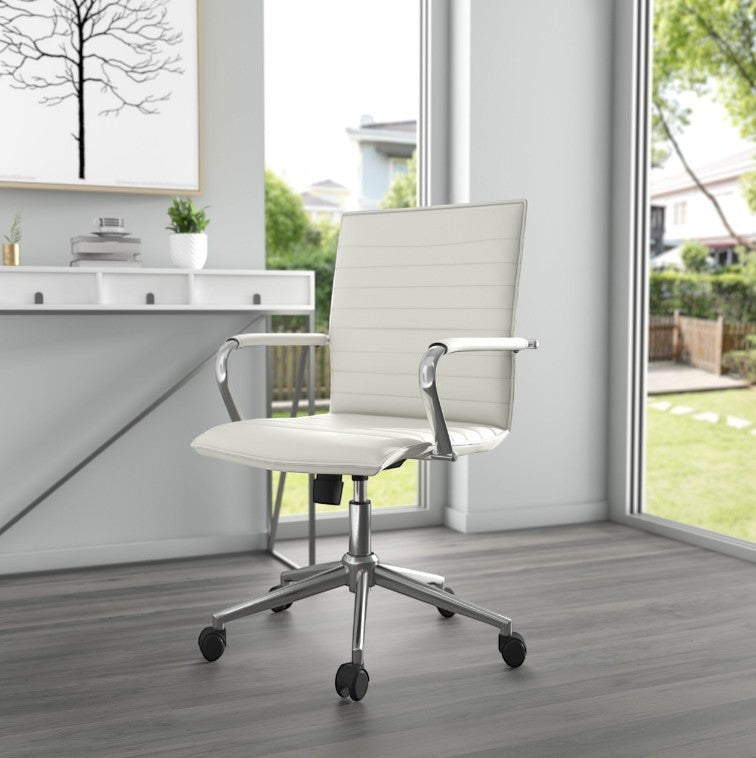 Valiant Products Brantley ergo chair in white PVC vinyl with fixed chrome arms and a sturdy chrome base in an office