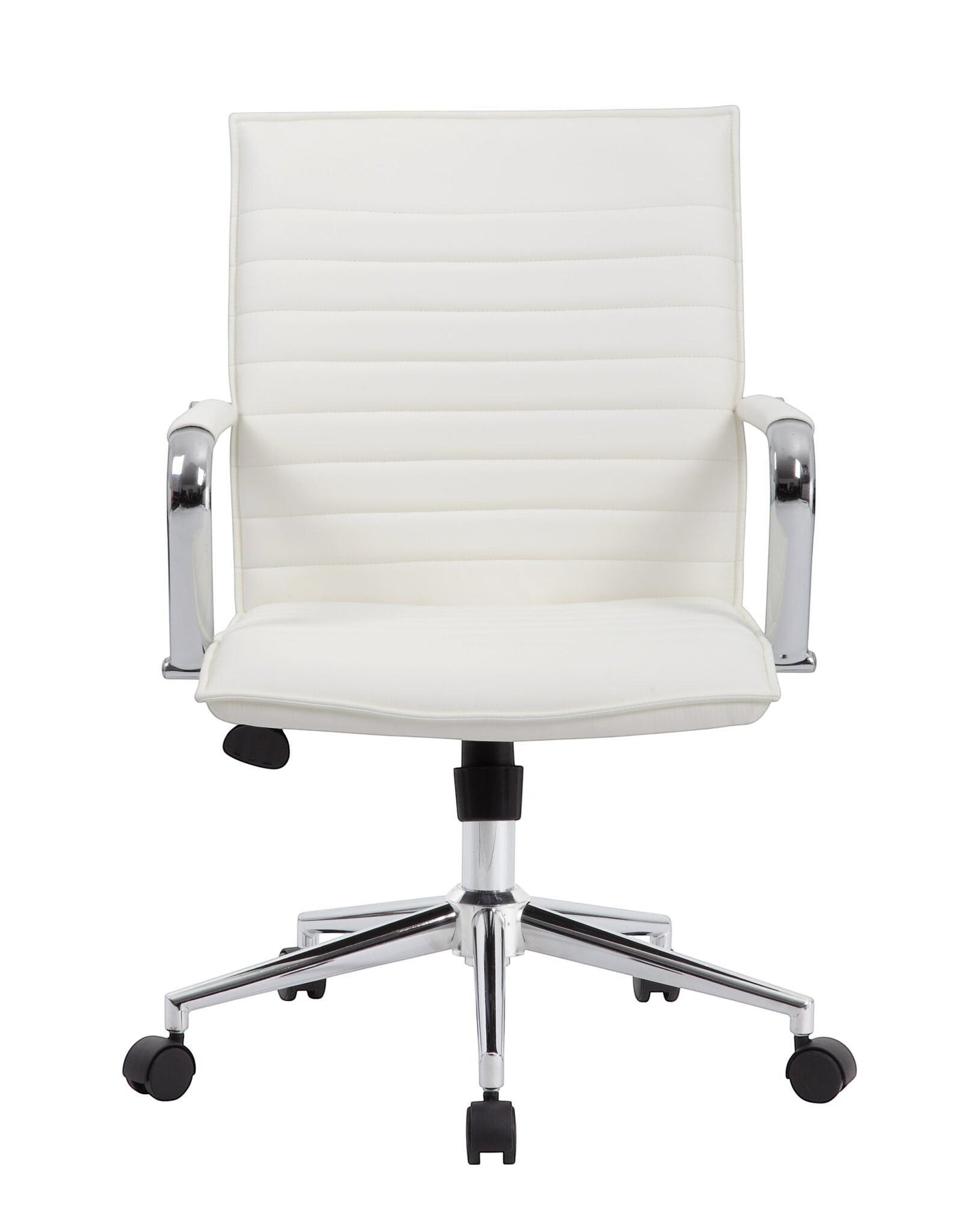 Valiant Products Brantley ergo chair in white PVC vinyl with fixed chrome arms and a polished chrome base.