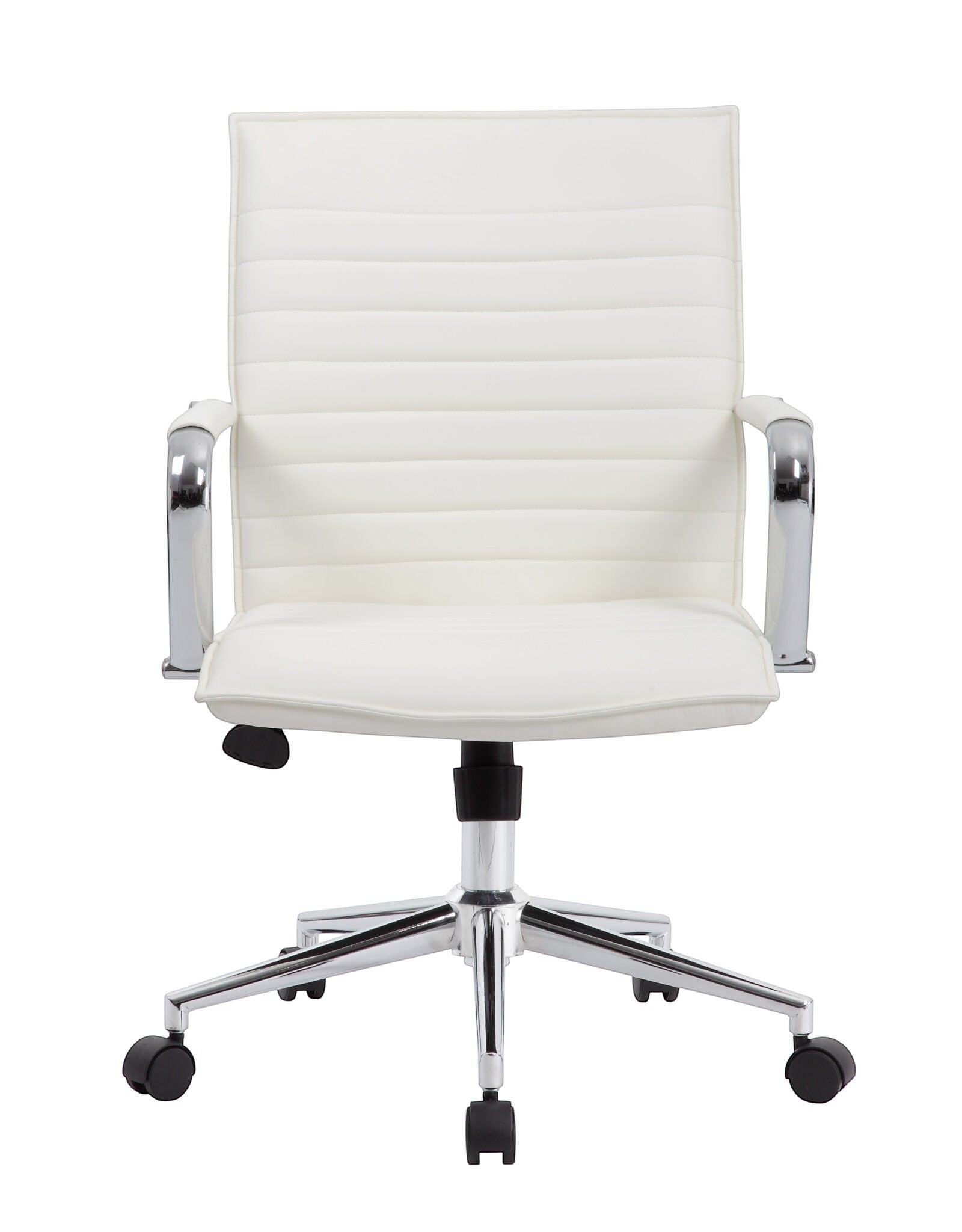 Valiant Products Brantley ergo chair in white PVC vinyl with fixed chrome arms and a polished chrome base.