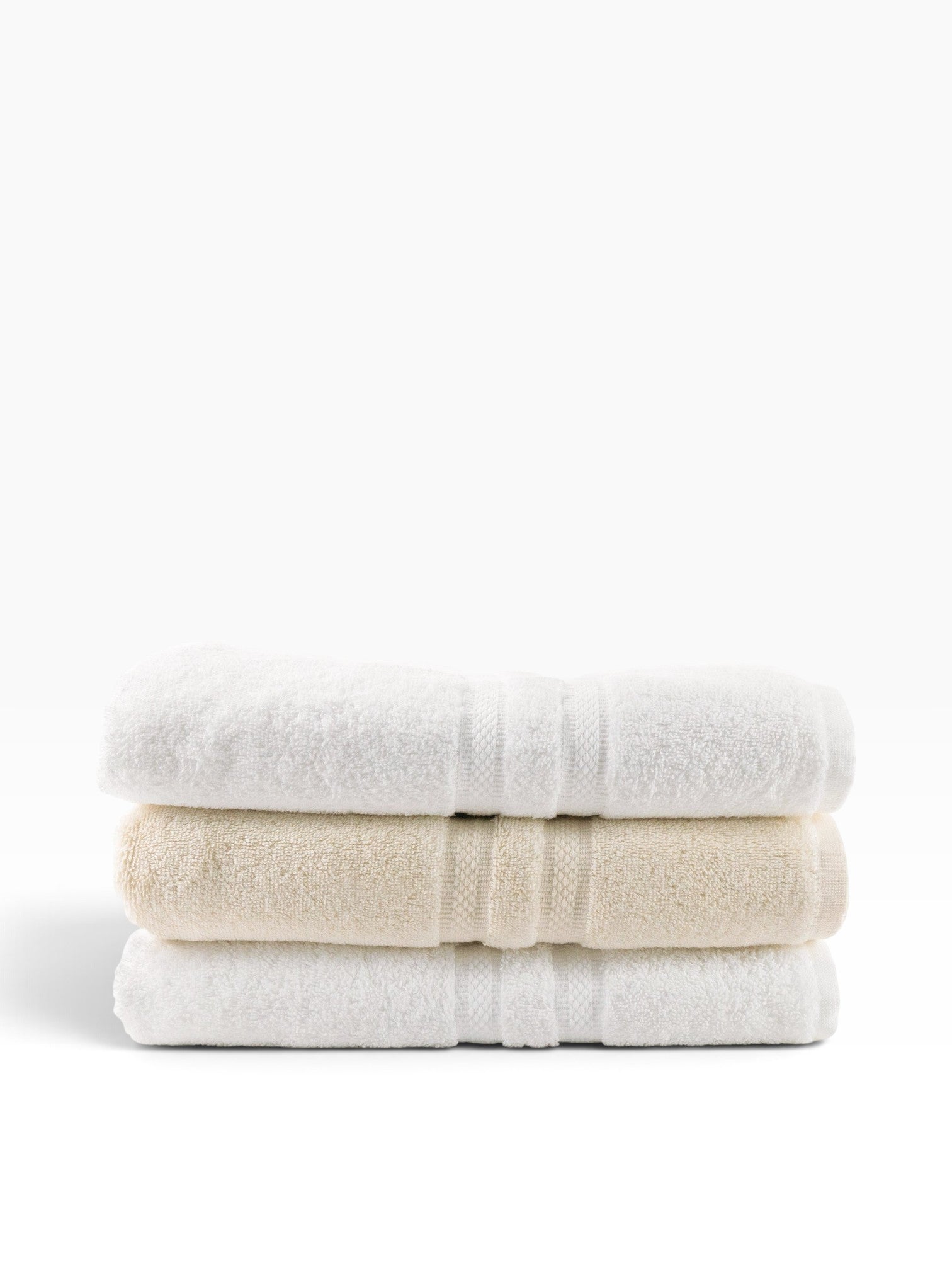 Valiant Products Brentwood dobby border bath towels in white and ecru, featuring soft ring-spun cotton loops.
