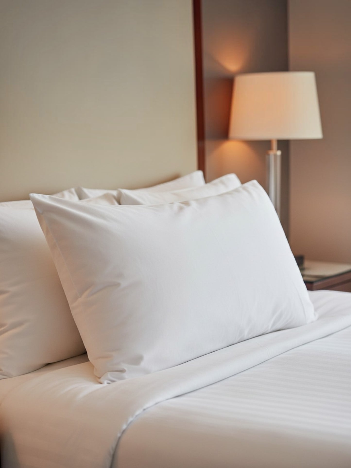 Valiant Products Brentwood cluster fiber pillows in white on a hotel bed with a lamp in the background.