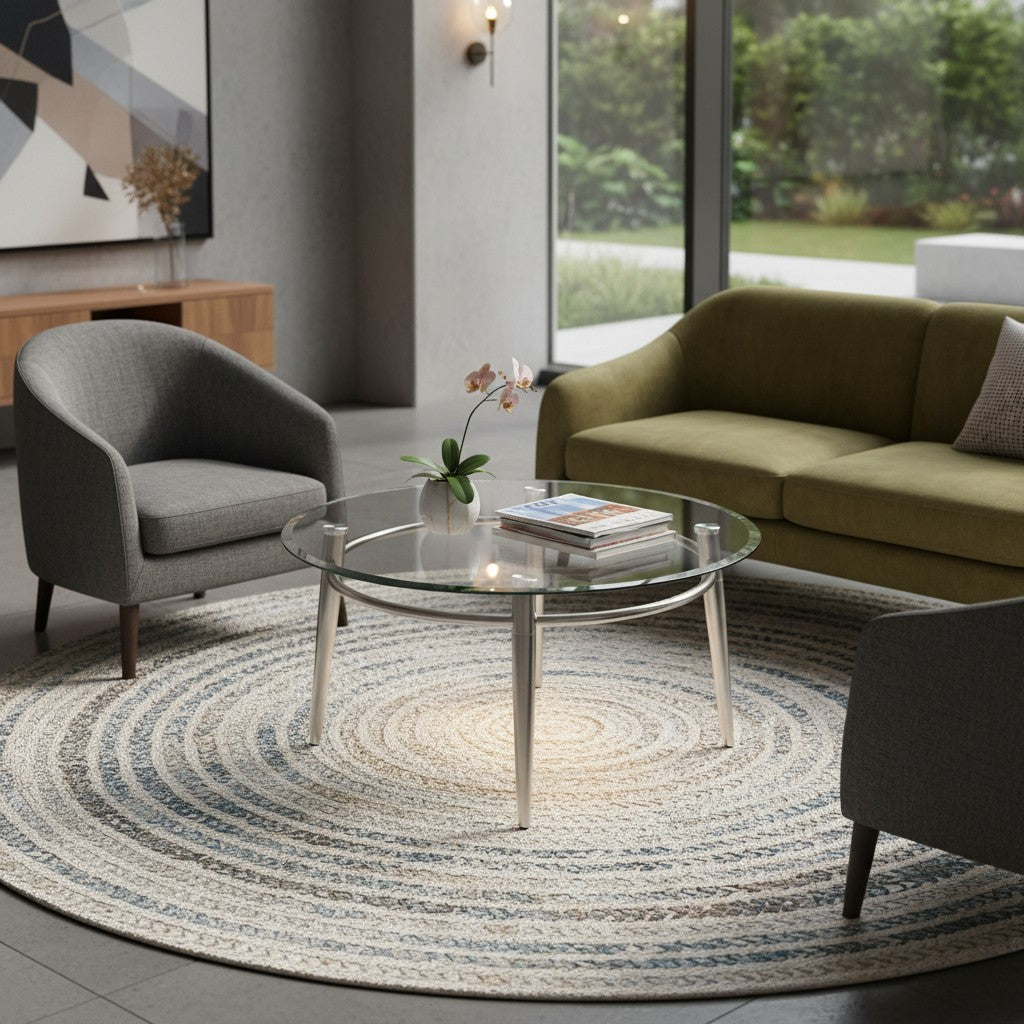 Valiant Products Brooklyn round glass coffee table with brushed nickel legs in a modern living room setting