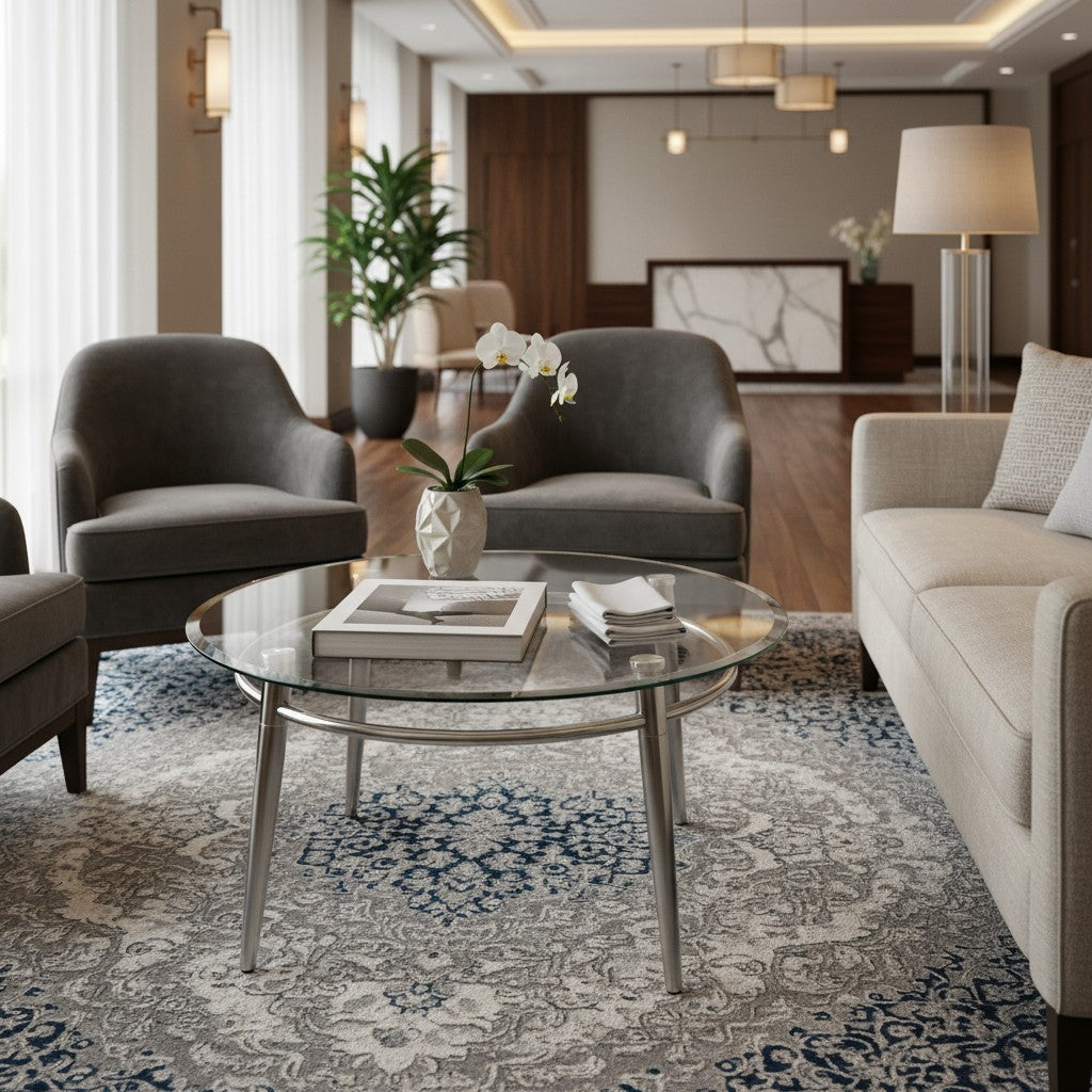 Valiant Products Brooklyn round coffee table with a clear glass top and brushed nickel metal base in a living room.