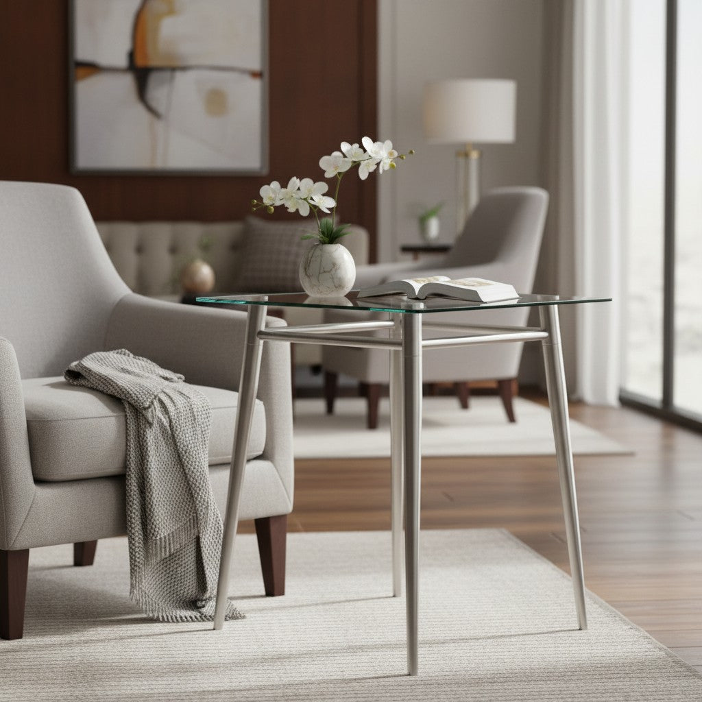 Valiant Products Brooklyn square glass end table with a brushed nickel metal frame in a modern living room setting.