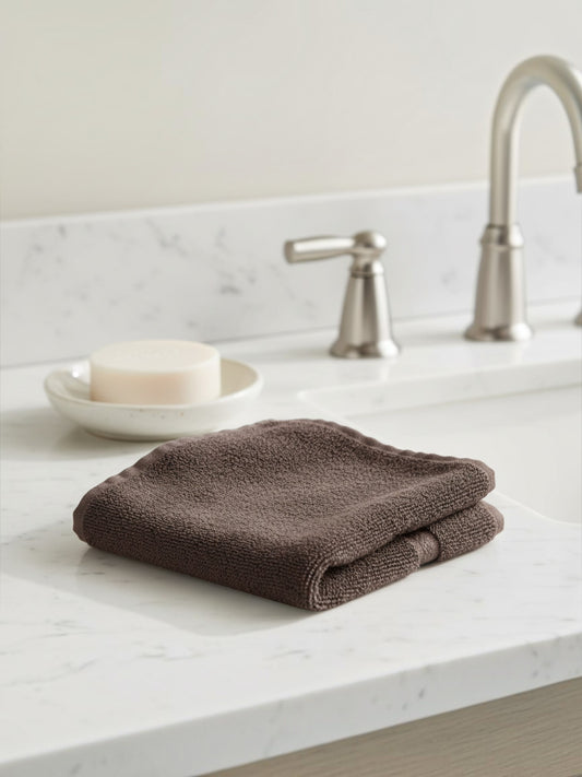 Valiant Products brown ring-spun cotton washcloth with a dobby border, resting on a white marble bathroom vanity.