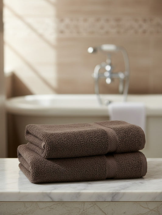 Valiant Products brown ring-spun cotton bath towels with a dobby border design stacked on a marble bathroom vanity.