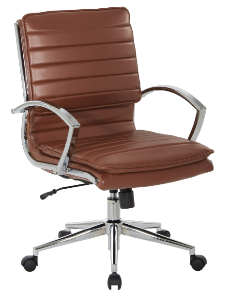 Valiant Products Themis mid-back ergonomic office chair in brown faux leather with chrome frame and base.