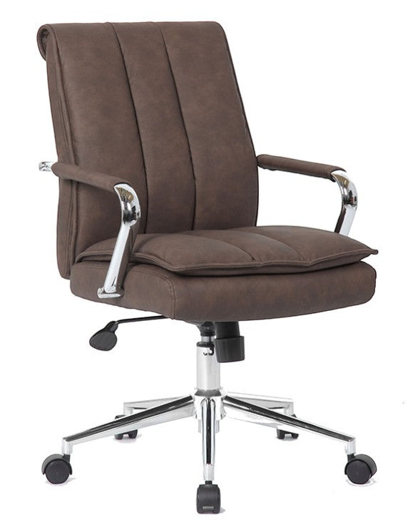 Valiant Products Stanton pillow top ergonomic office chair in brown vinyl with chrome arms and base.