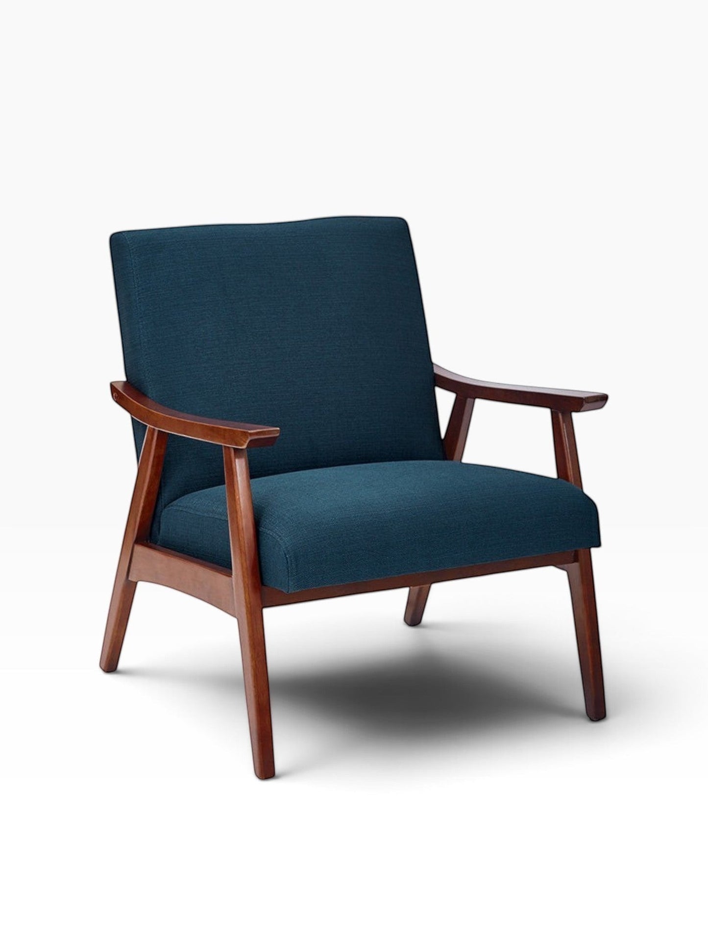 Valiant Products Bunting lounge chair in Klein Azure fabric with a solid wood frame in a mid-century modern style.