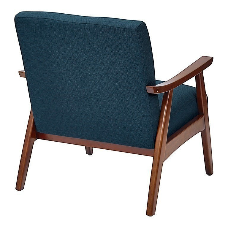 Valiant Products Bunting lounge chair in Klein Azure blue fabric with a solid wood frame, rear view.