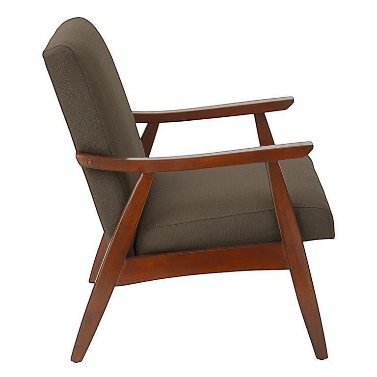 Valiant Products Bunting lounge chair in Klein Otter brown fabric with a solid wood frame, side view.