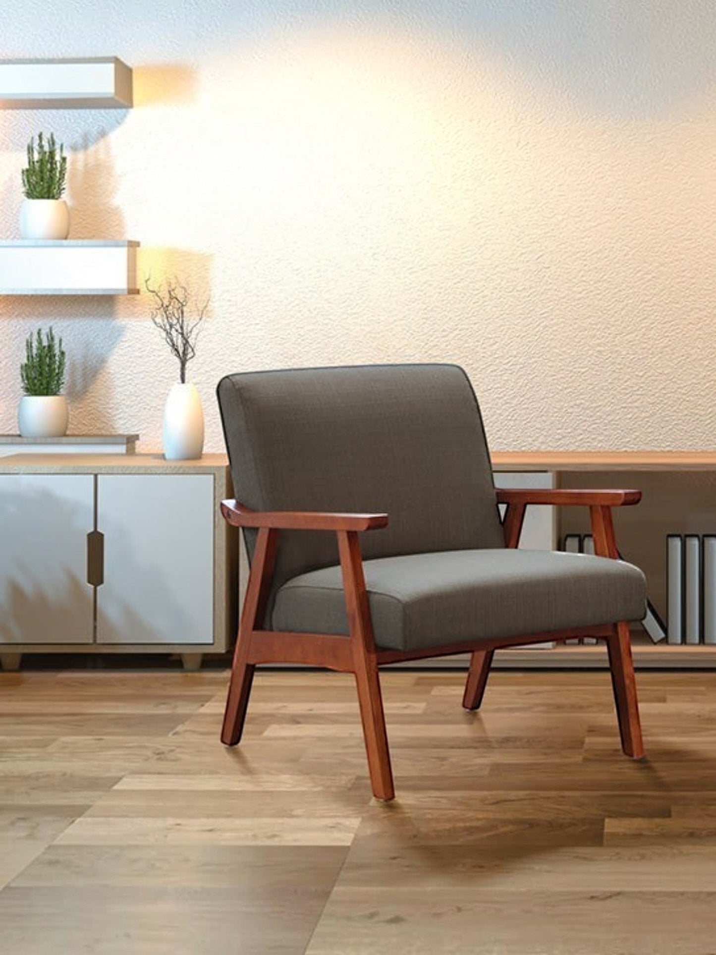 Valiant Products Bunting lounge chair in Klein Otter grey fabric with a solid wood frame in a modern living room