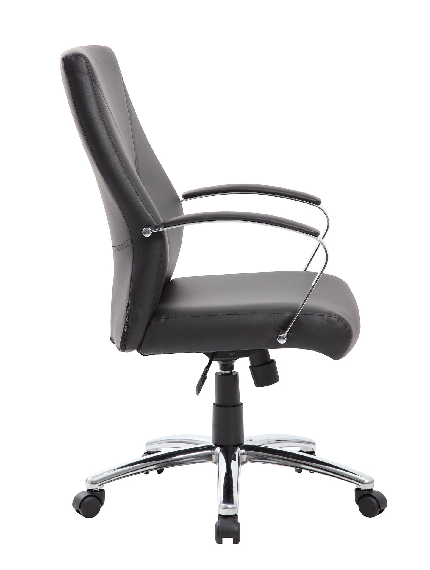 Valiant Products Cahill executive ergonomic chair in black LeatherPlus with chrome arms and base, side view