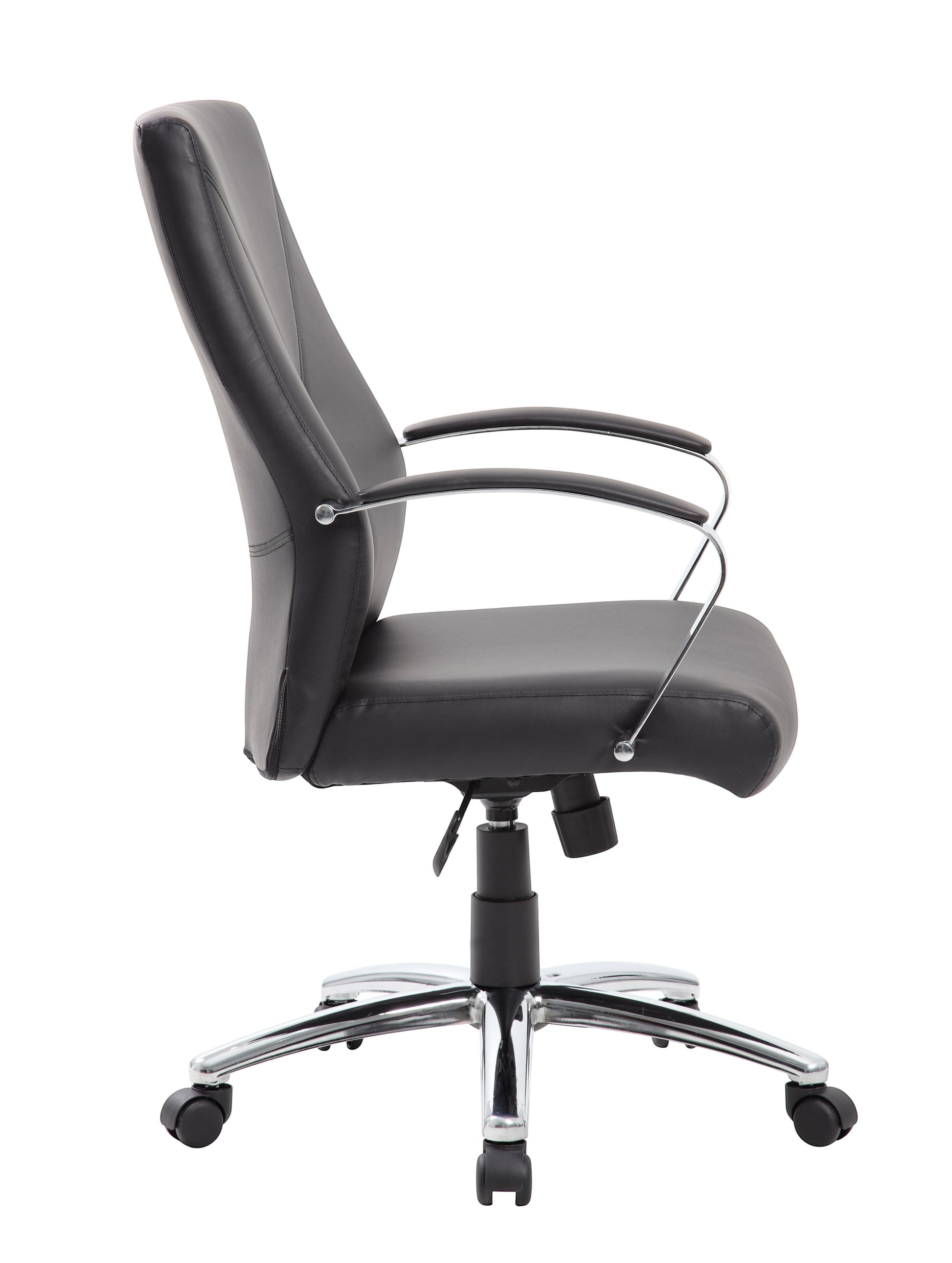 Valiant Products Cahill executive ergonomic chair in black LeatherPlus with chrome arms and base, side view