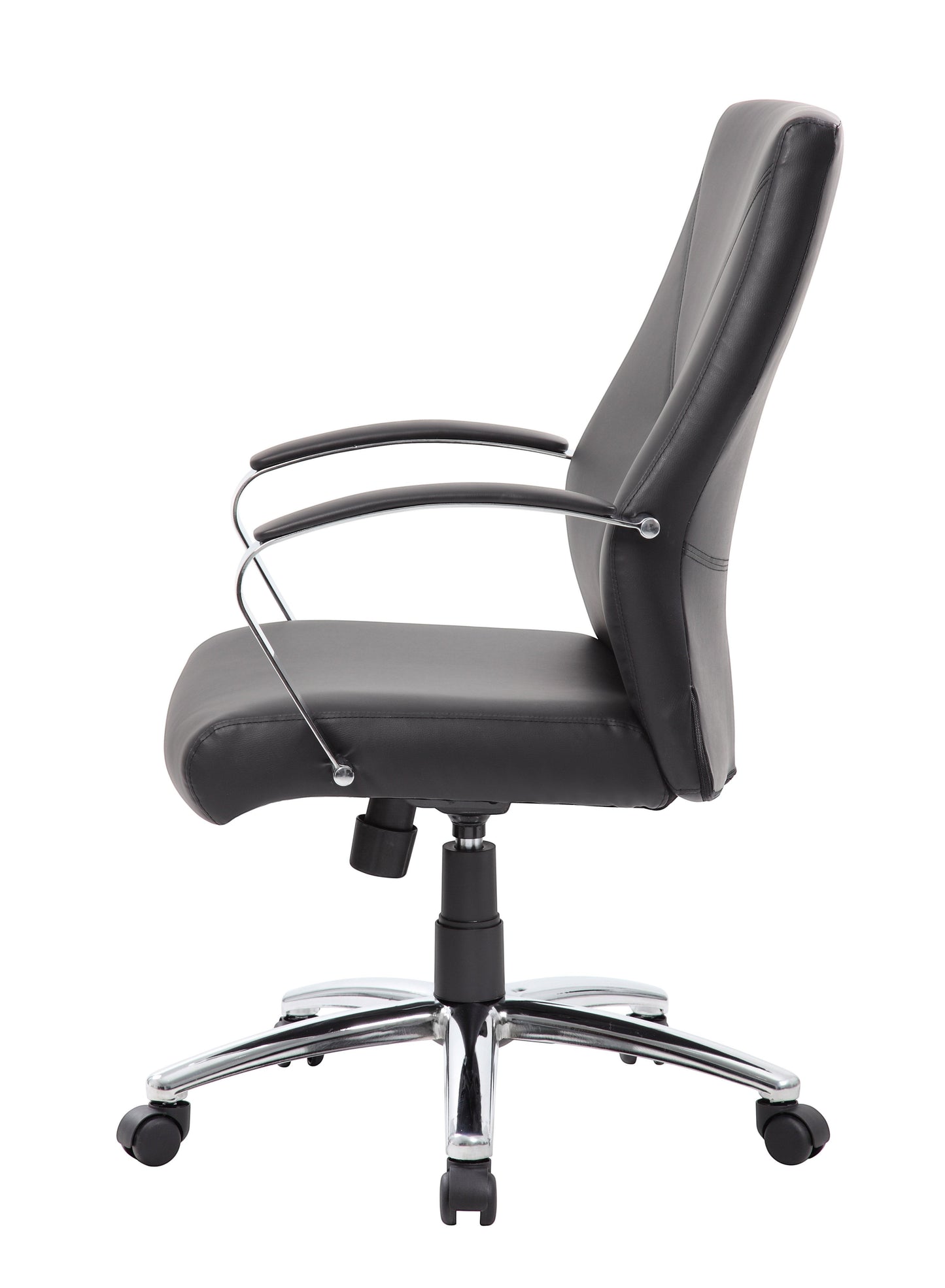 Valiant Products Cahill executive ergo chair in black LeatherPlus with chrome arms and base, side view