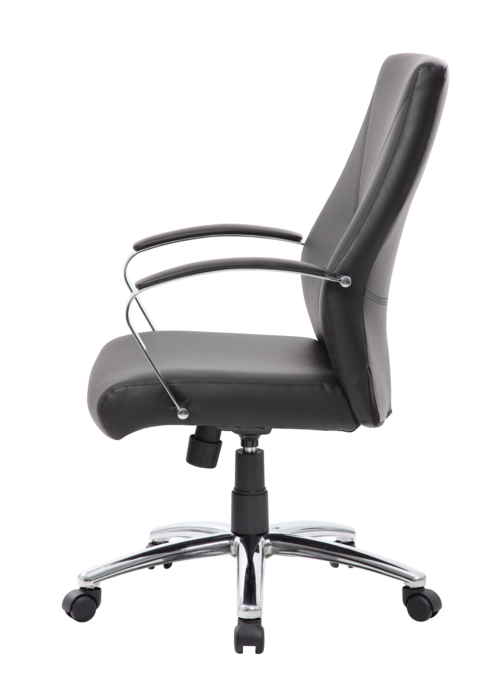 Valiant Products Cahill executive ergo chair in black LeatherPlus with chrome arms and base, side view