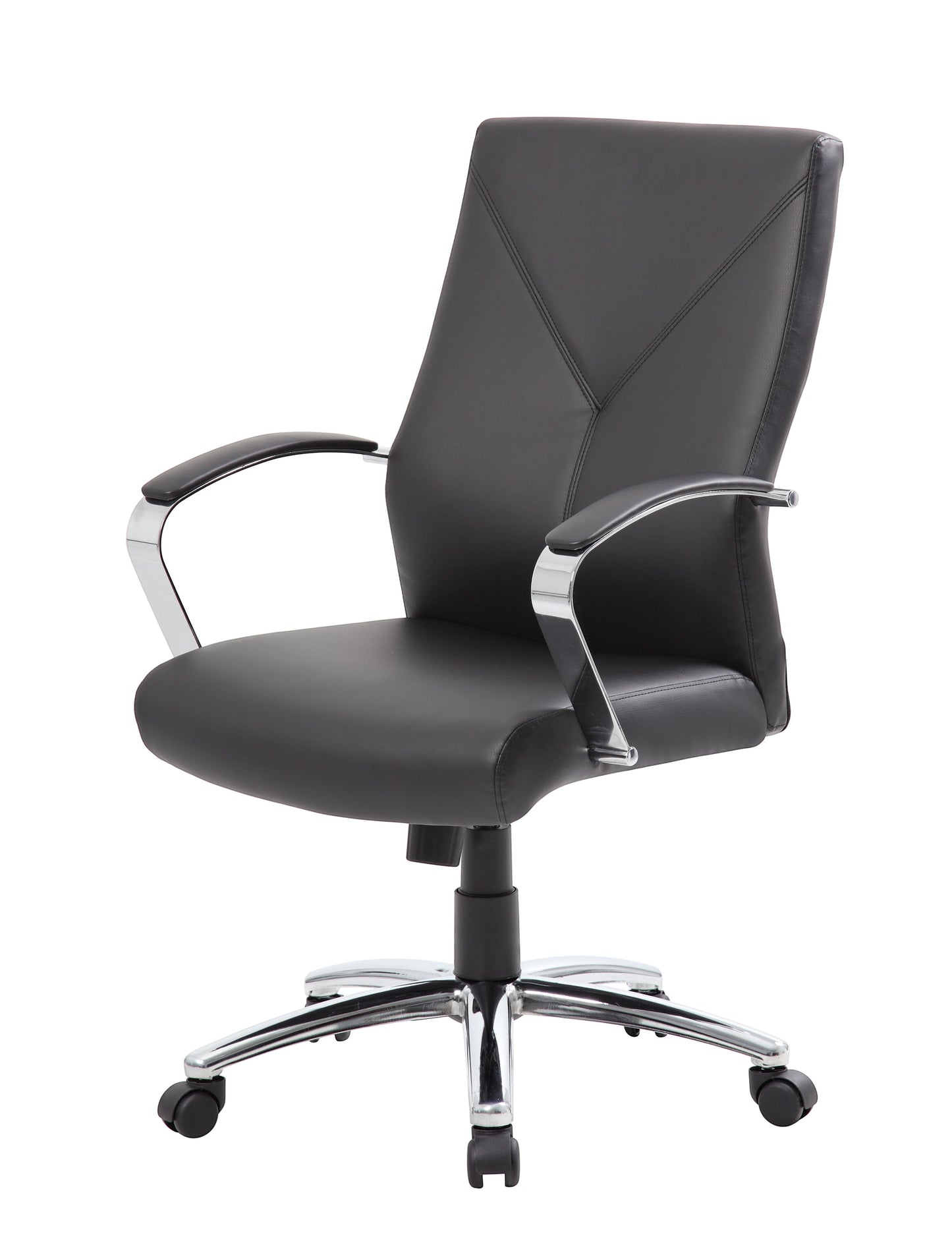 Valiant Products Cahill executive chair in black LeatherPlus with chrome arms and a 27-inch chrome base.