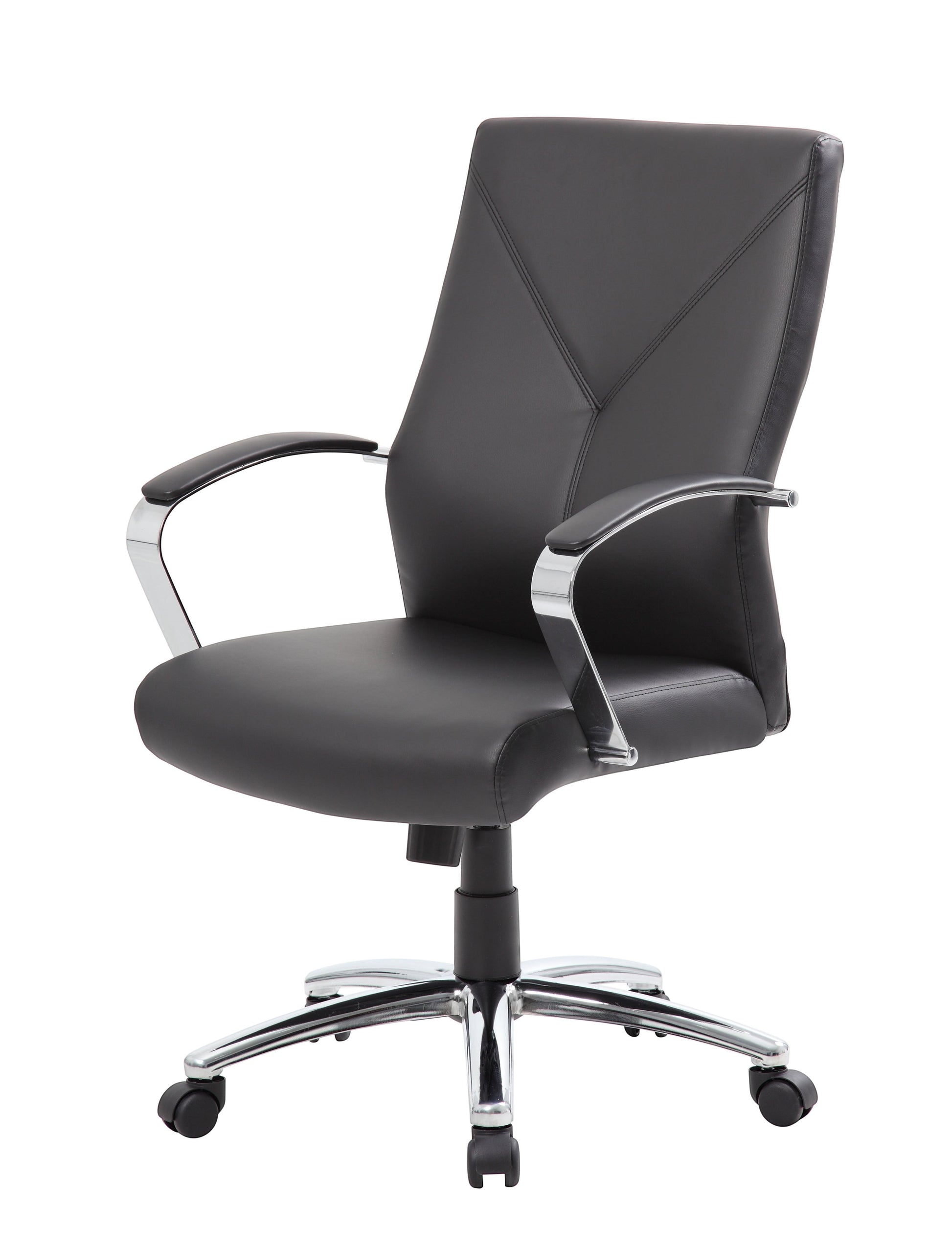 Valiant Products Cahill executive chair in black LeatherPlus with chrome arms and a 27-inch chrome base.