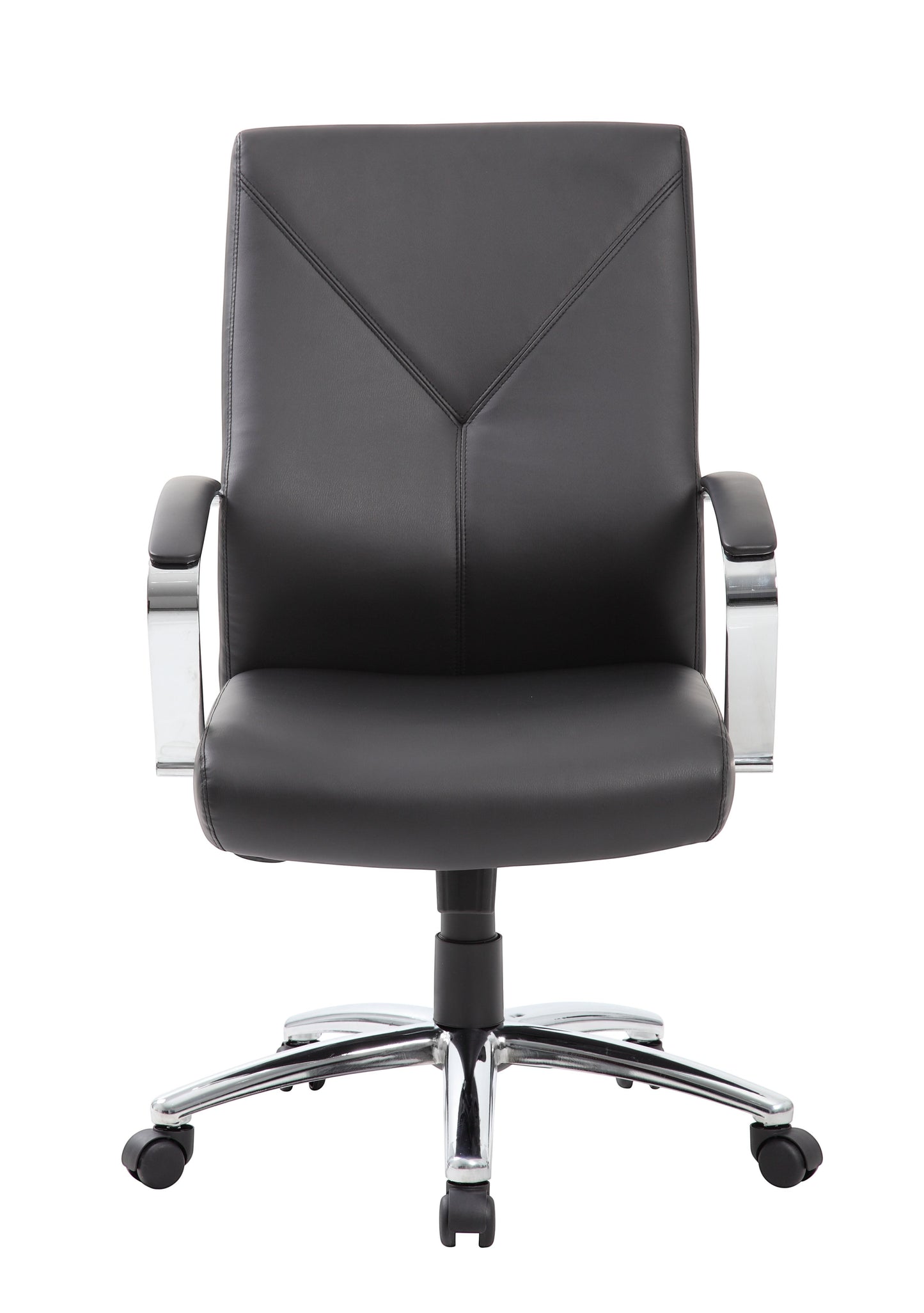 Valiant Products Cahill executive ergo chair in black LeatherPlus with chrome arms and base, front view.