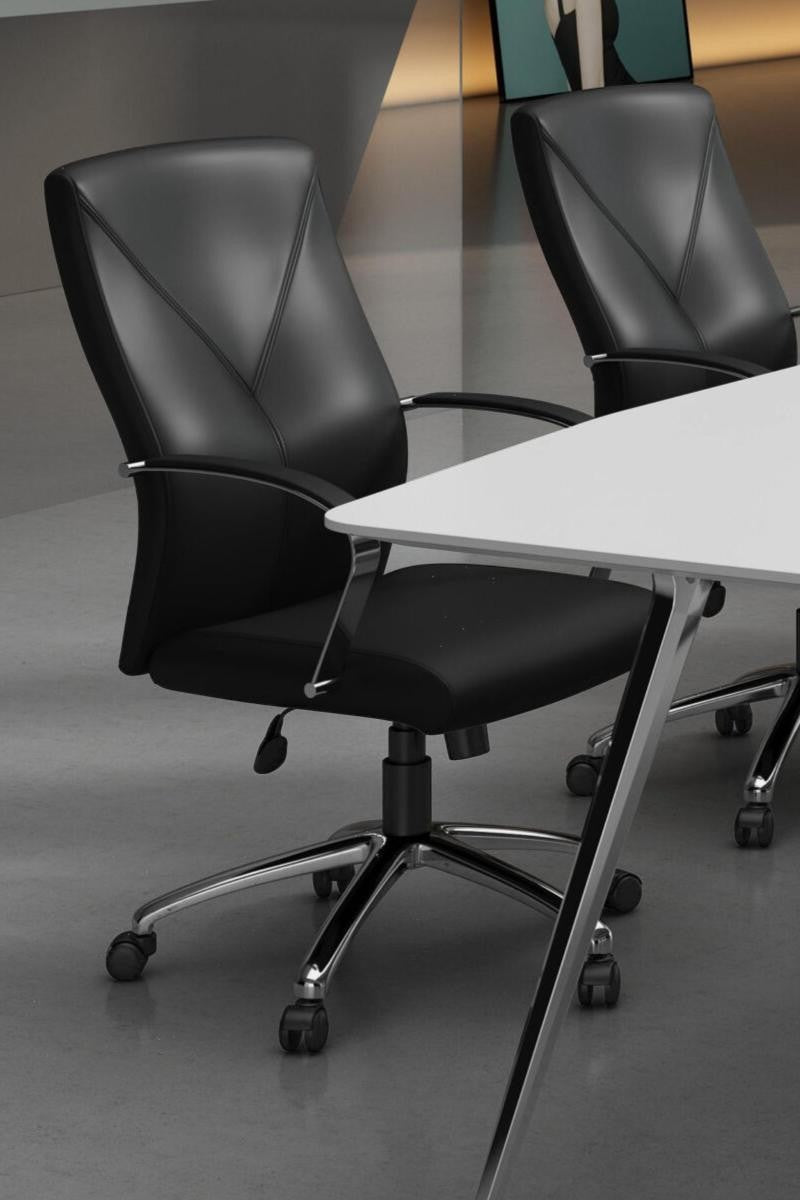 Valiant Products Cahill executive chair in black LeatherPlus with chrome arms and base in a modern office setting