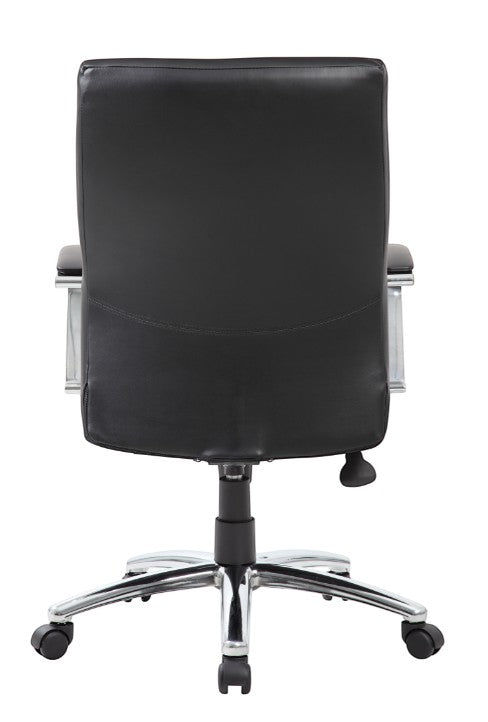 Back view of the Valiant Products Cahill Executive Ergo Chair in black LeatherPlus with a chrome base and armrests.