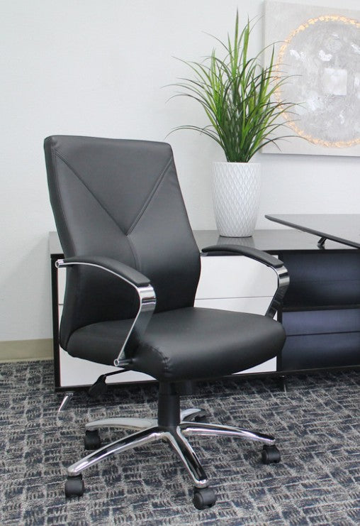 Valiant Products Cahill executive chair in black LeatherPlus with chrome arms and base in a modern office setting