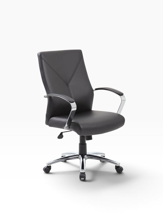 Valiant Products Cahill executive chair in black LeatherPlus with chrome arms and a 27-inch chrome base.