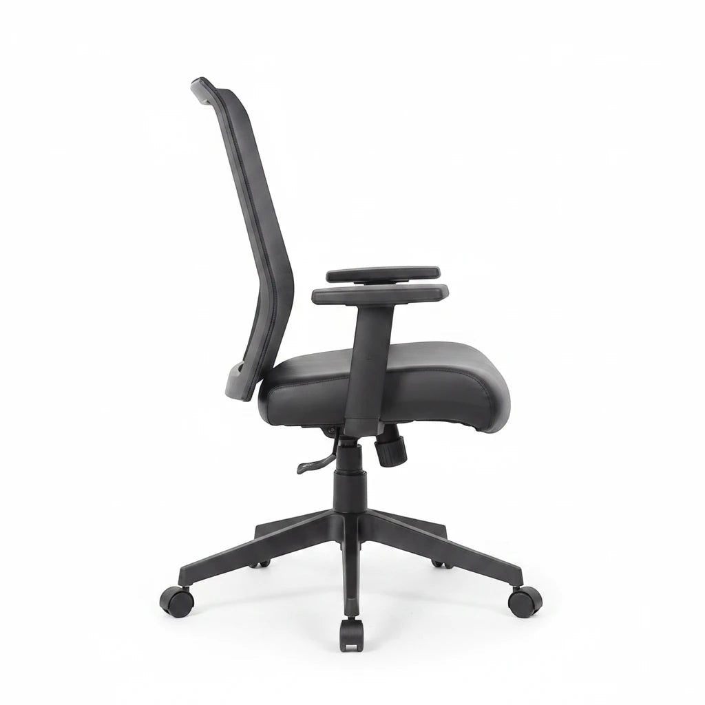 Valiant Products Chisum black ergonomic task chair with mesh back, adjustable arms, and nylon base, side view.