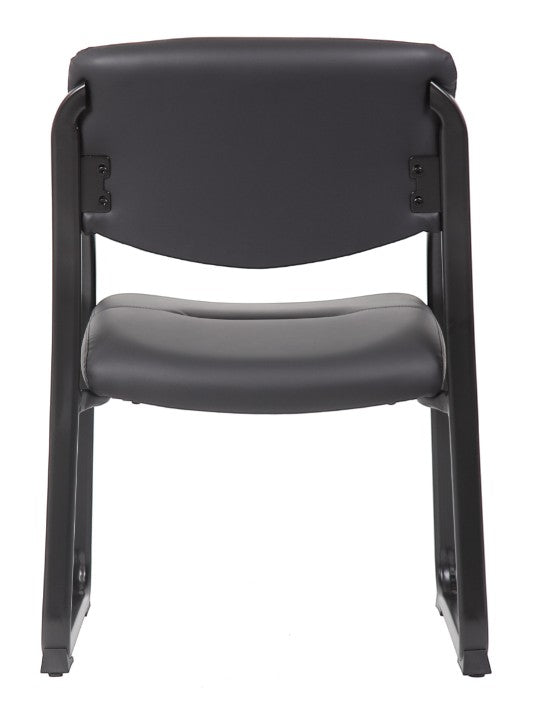 Valiant Products Conrad black leather guest chair with a sleek tubular steel sled base and contoured seat back.