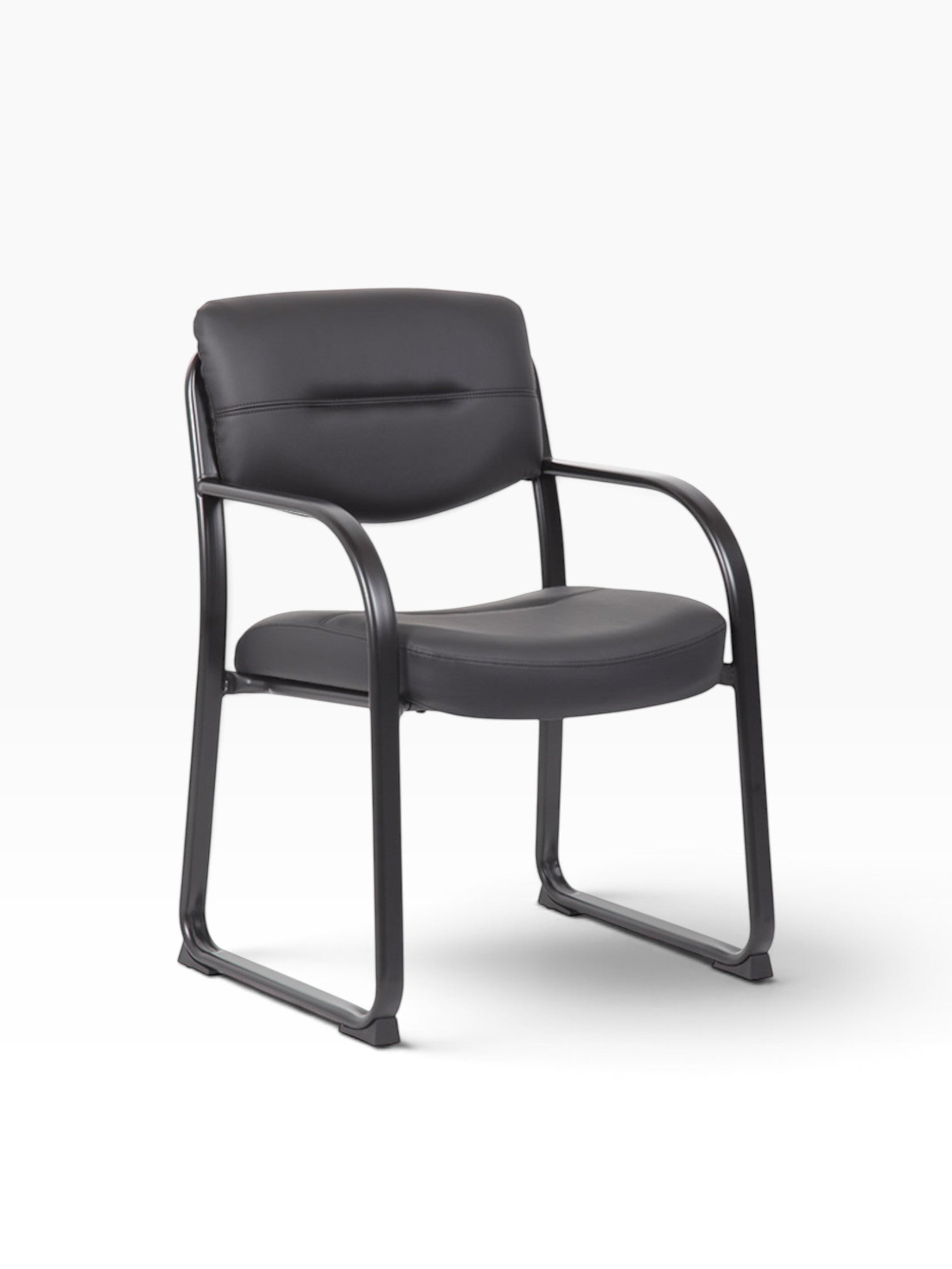 Valiant Products Conrad black leather guest chair with a modern powder-coated steel sled base and contoured cushions.