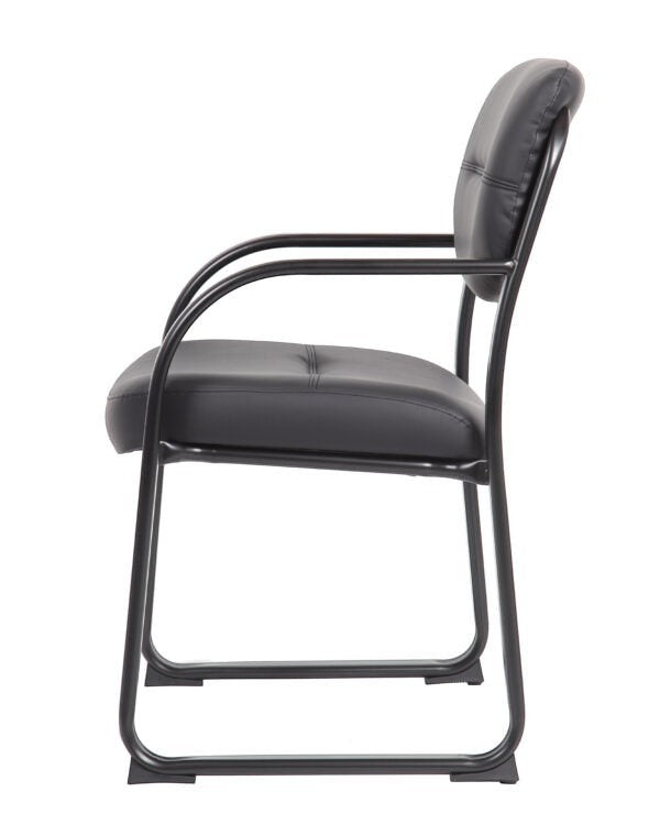 Valiant Products Conrad black leather guest chair with a sleek tubular steel sled base and contoured seat side view.