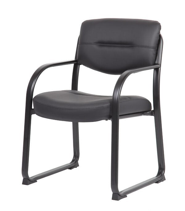Valiant Products Conrad black leather guest chair with a modern tubular steel sled base and contoured armrests.