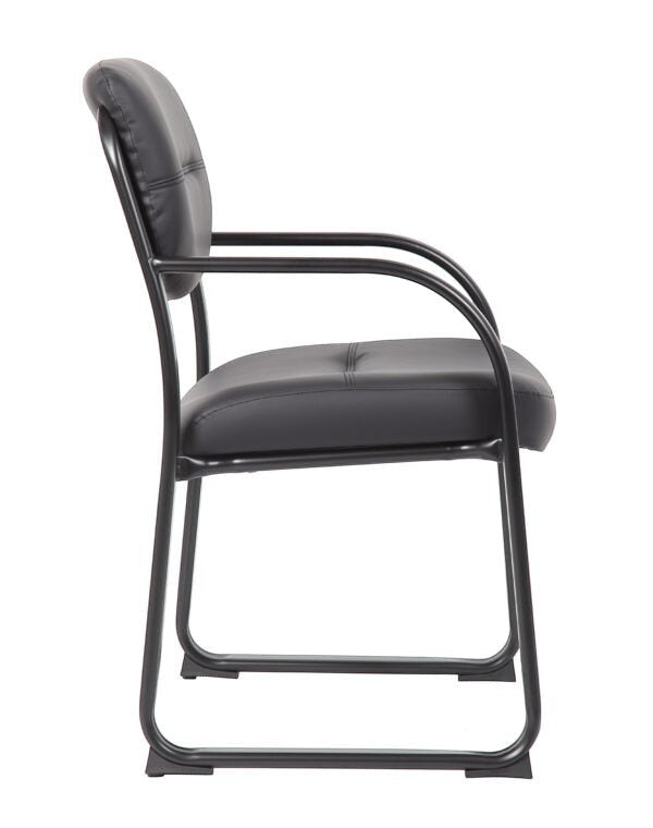 Valiant Products Conrad black leather guest chair with a sleek tubular steel sled base and contoured seat.