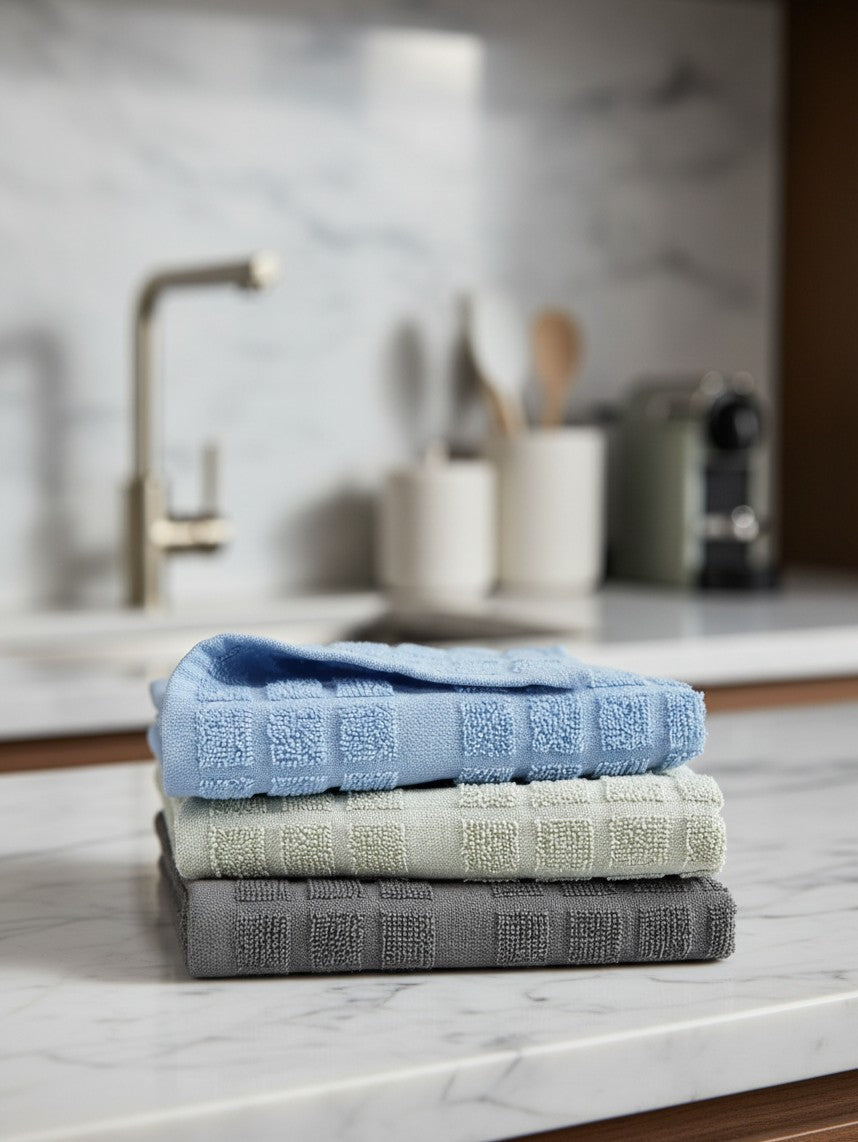 Valiant Products kitchen towel stack in blue, khaki, and grey with textured cotton loops on a marble countertop.