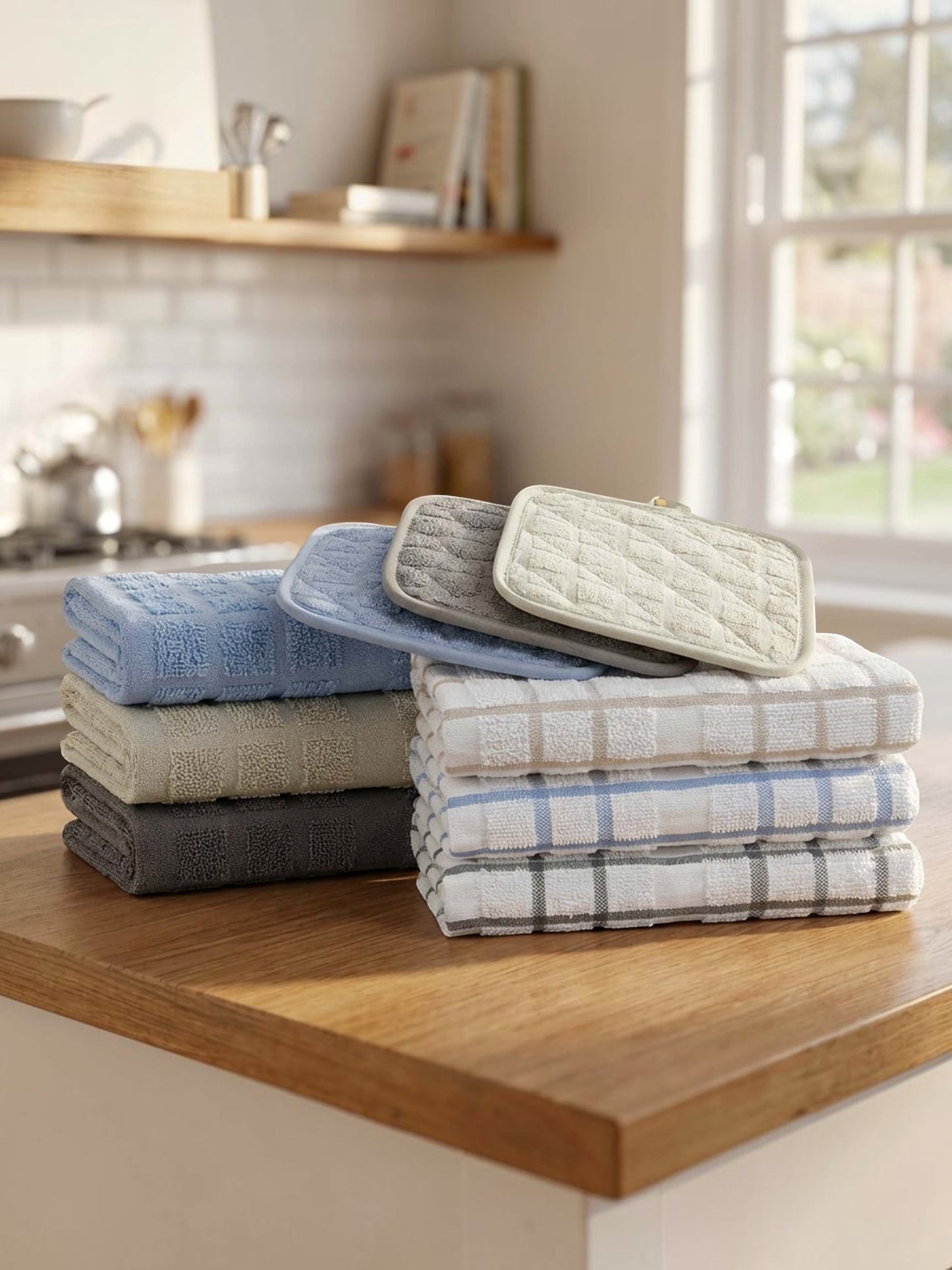 Valiant Products kitchen collection featuring stacked cotton pot holders and towels in blue, grey, and khaki tones.