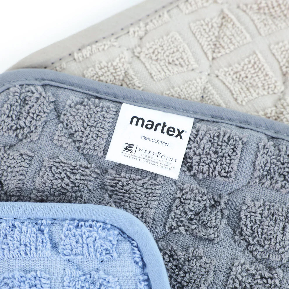 Valiant Products 7x7 inch cotton pot holders in blue, grey, and khaki with a textured square pattern and corner loop.