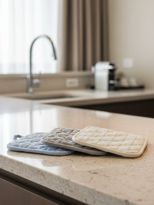 Valiant Products solid color cotton pot holders in blue, grey, and khaki stacked on a modern kitchen countertop