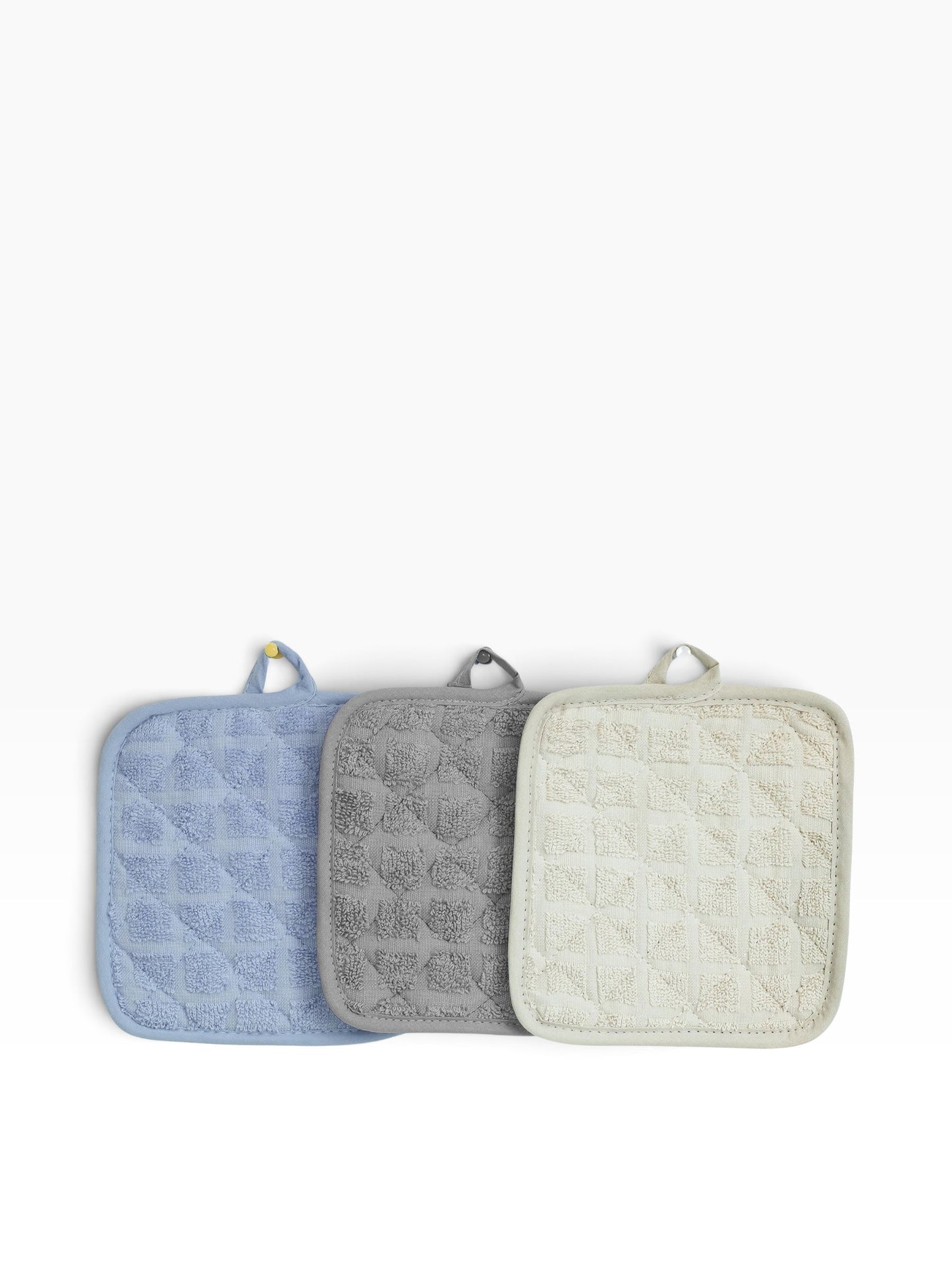 Valiant Products set of three fade-resistant cotton pot holders in blue, grey, and khaki with corner hanging loops.