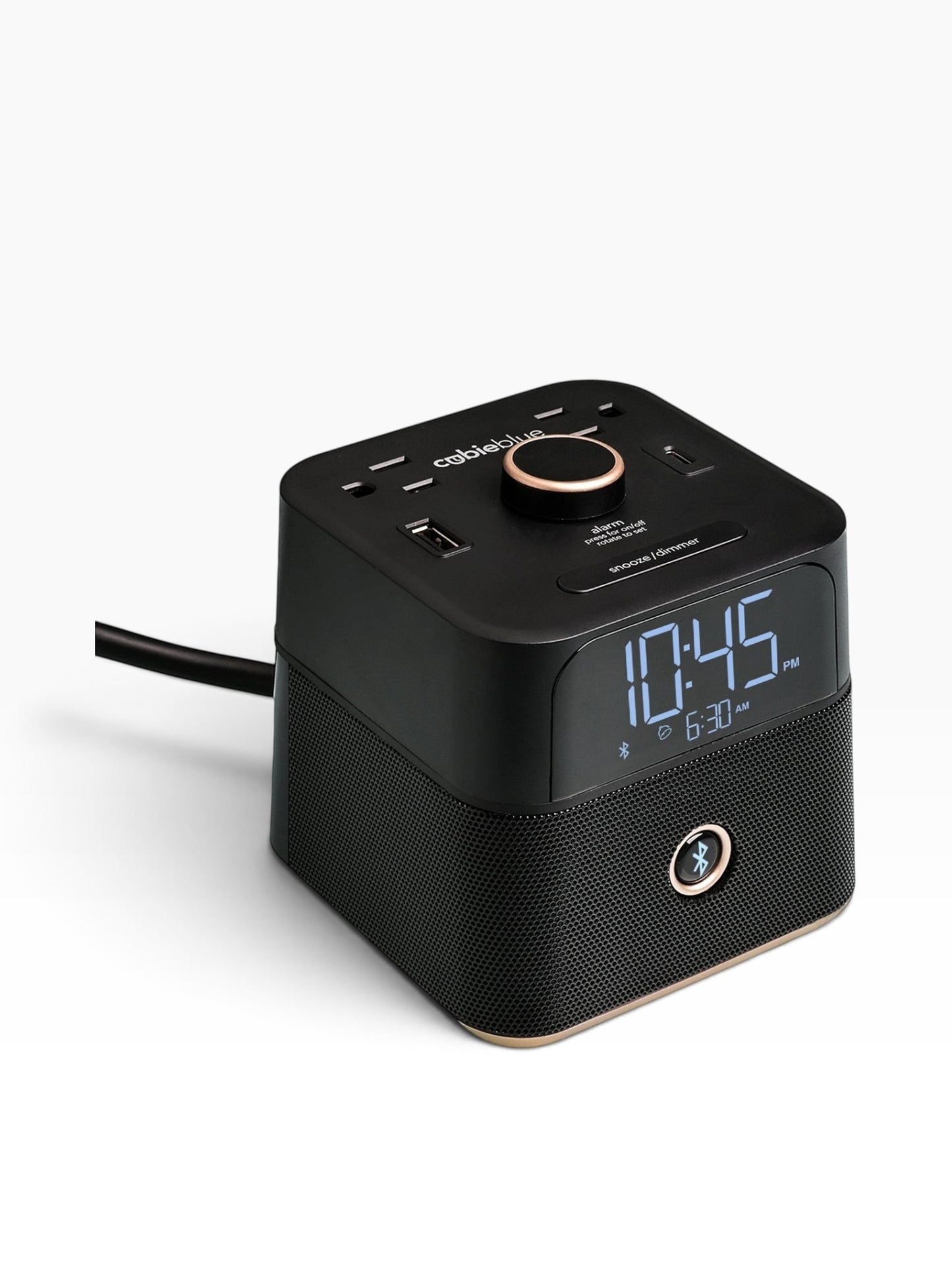 Valiant Products CubieBlue black hotel alarm clock with Bluetooth speaker, USB-C, USB-A ports, and power outlets.