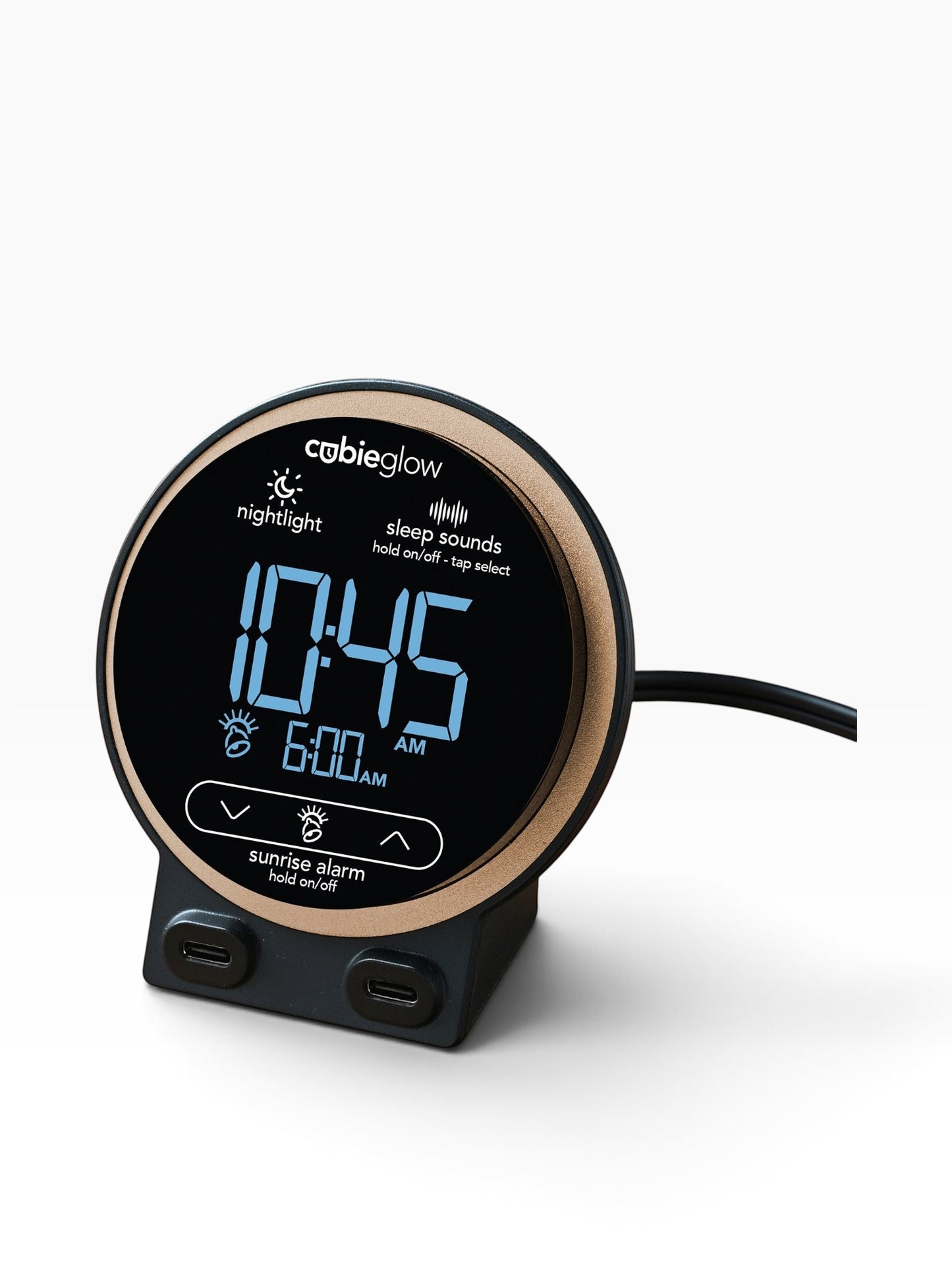 Valiant Products CubieGlow round black and bronze hotel alarm clock with digital display and two USB-C charging ports