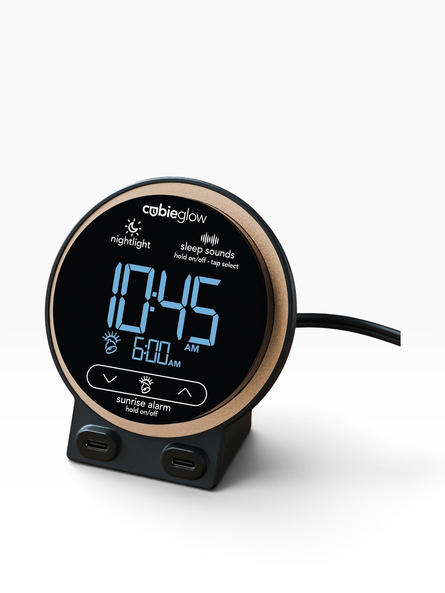 Valiant Products CubieGlow round black and bronze hotel alarm clock with digital display and two USB-C charging ports