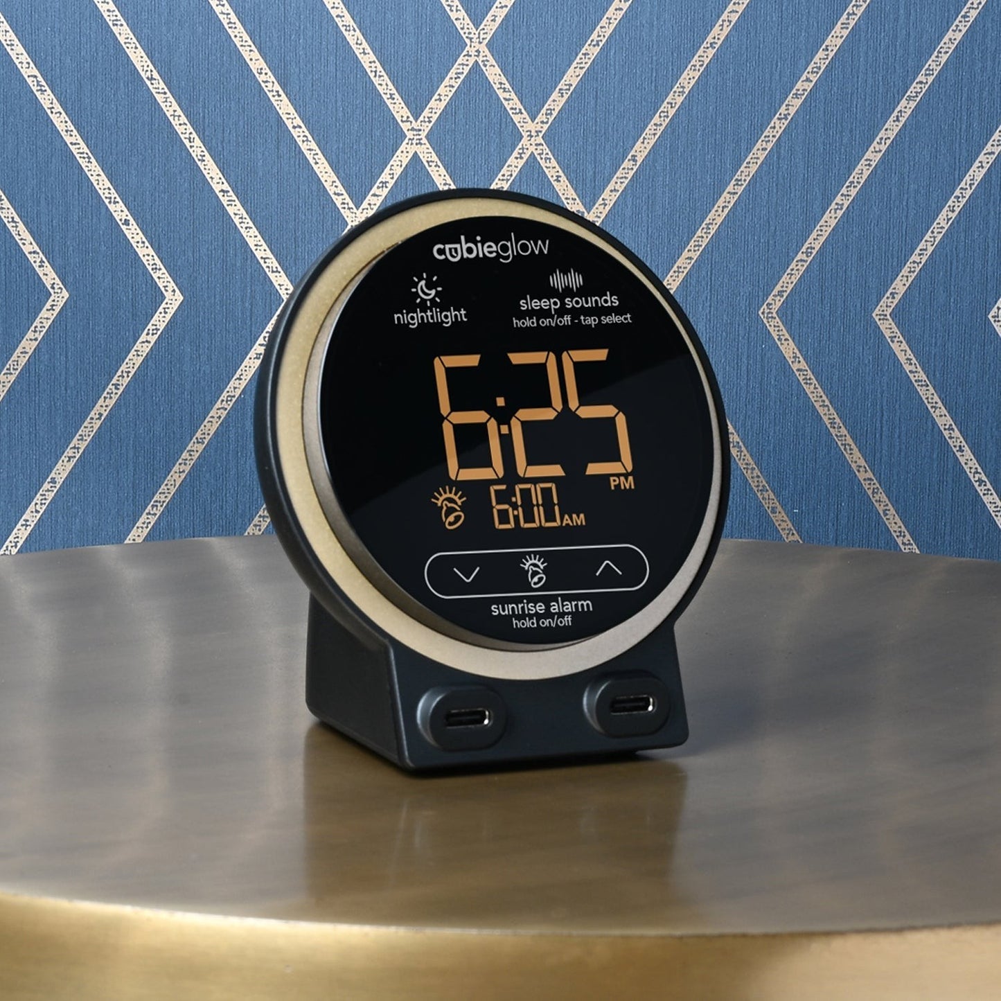 Valiant Products CubieGlow black circular hotel alarm clock with digital display and dual USB-C charging ports