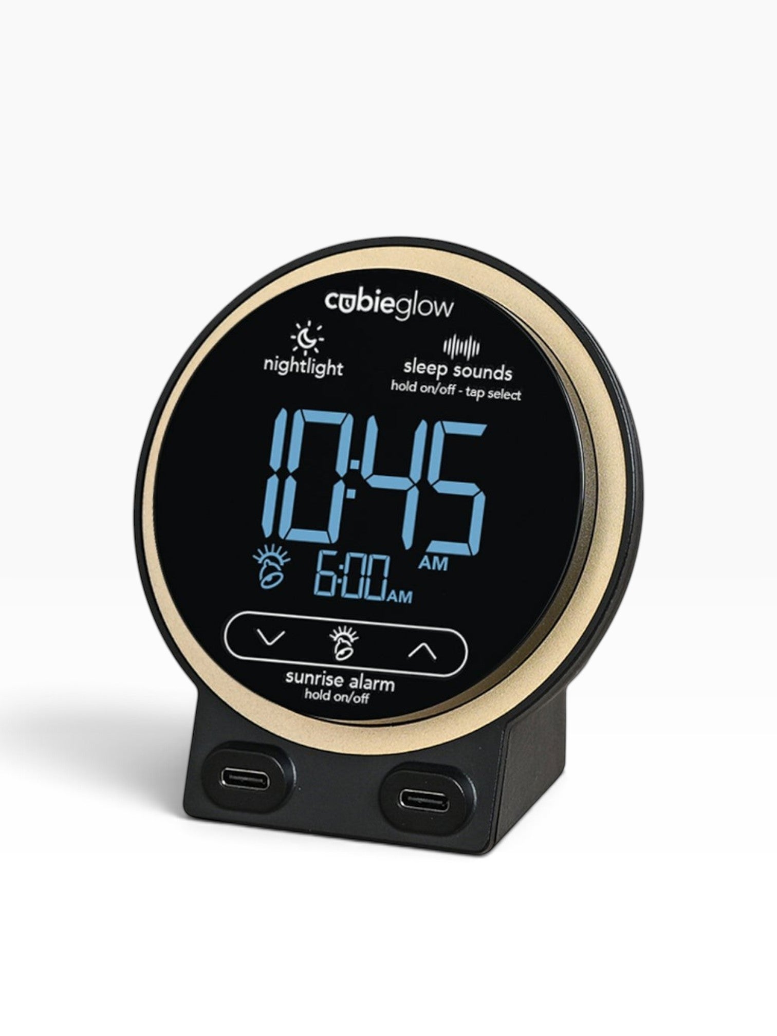 Valiant Products CubieGlow black round digital alarm clock with two USB-C ports and illuminated display