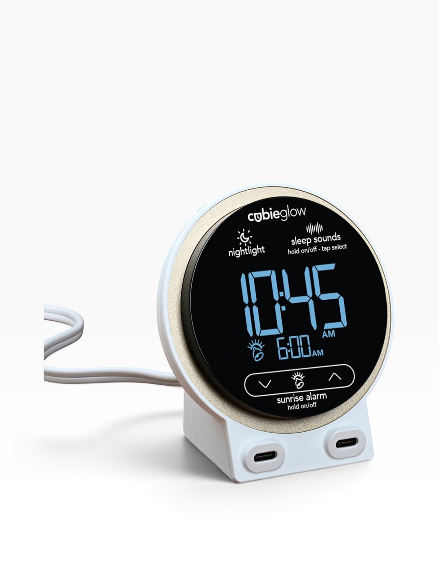Valiant Products CubieGlow white hotel alarm clock with digital display, two USB-C ports, and nightlight features.