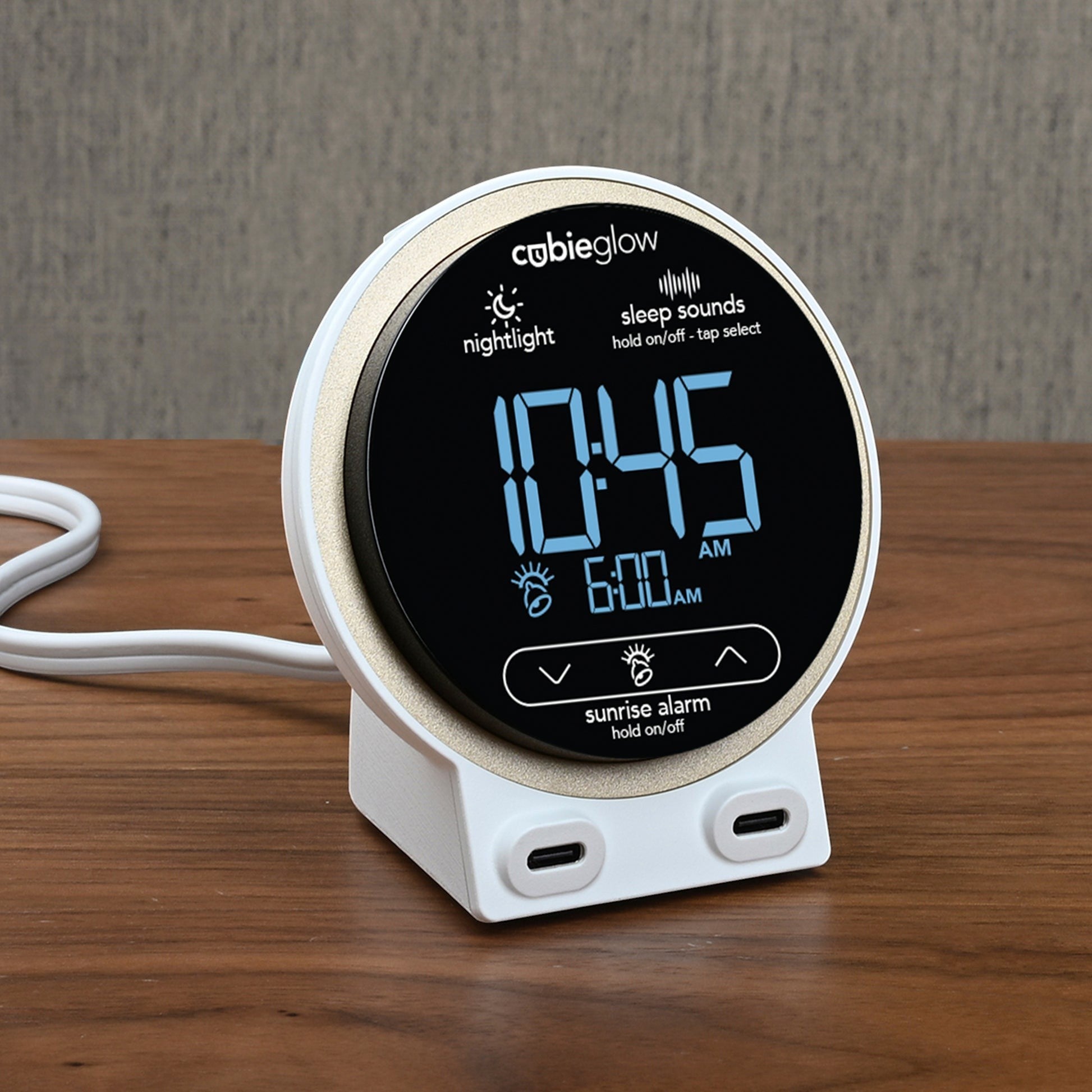 Valiant Products CubieGlow white charging alarm clock with digital display, nightlight, and two USB-C ports on base