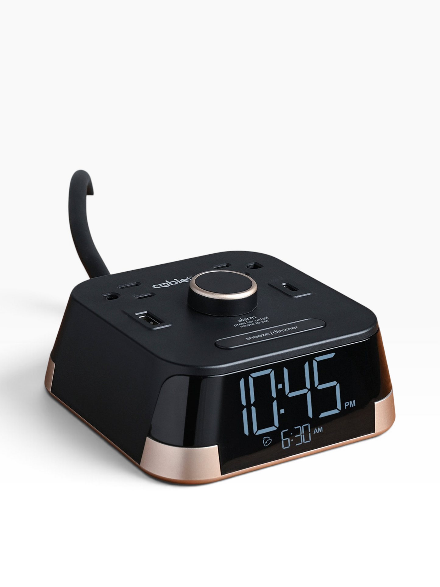Valiant Products CubieTime black hotel alarm clock with USB-C, USB-A ports, and power outlets on a white background.