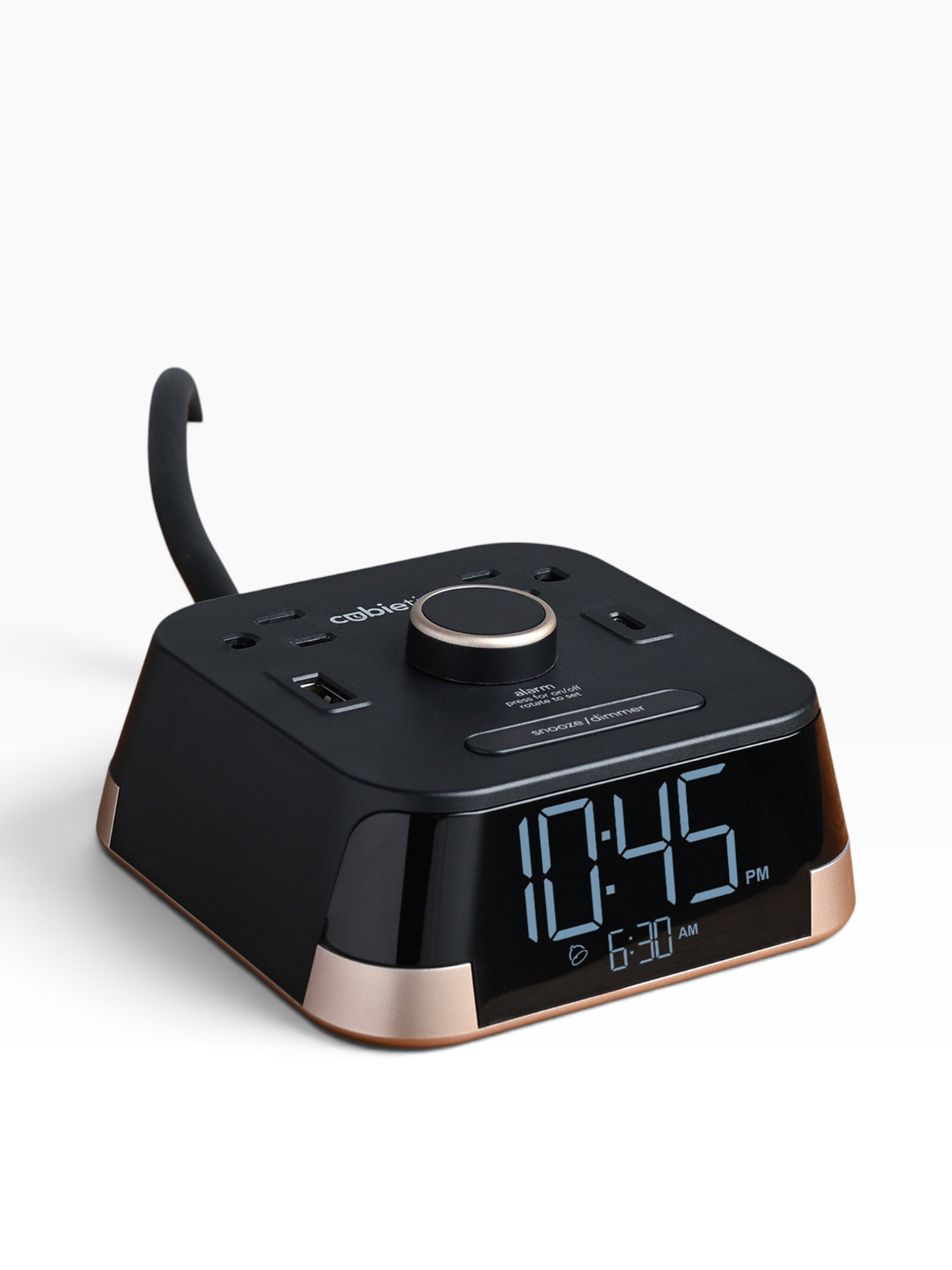 Valiant Products CubieTime black hotel alarm clock with USB-C, USB-A ports, and power outlets on a white background.