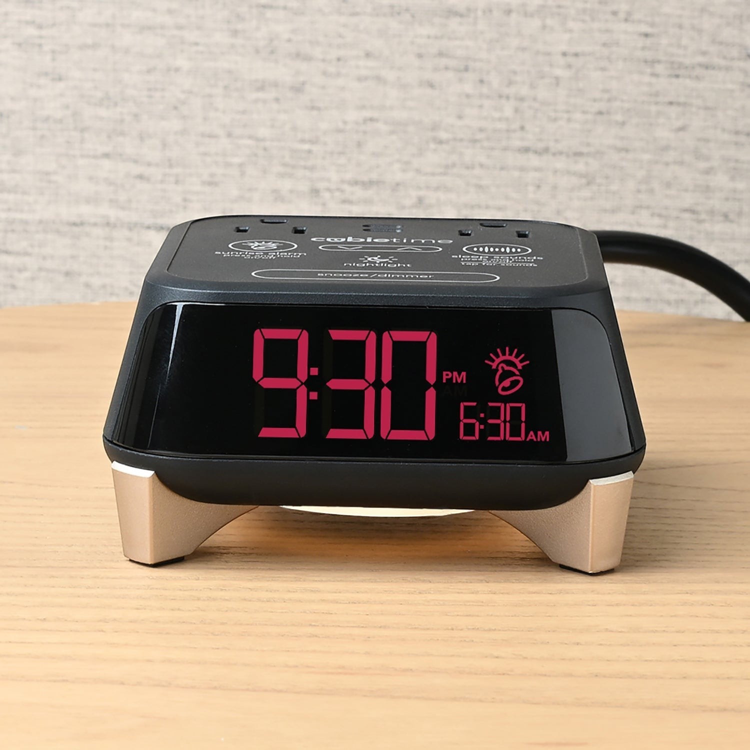 Valiant Products CubieTime Zen black alarm clock with digital red display, nightlight, and USB charging ports.