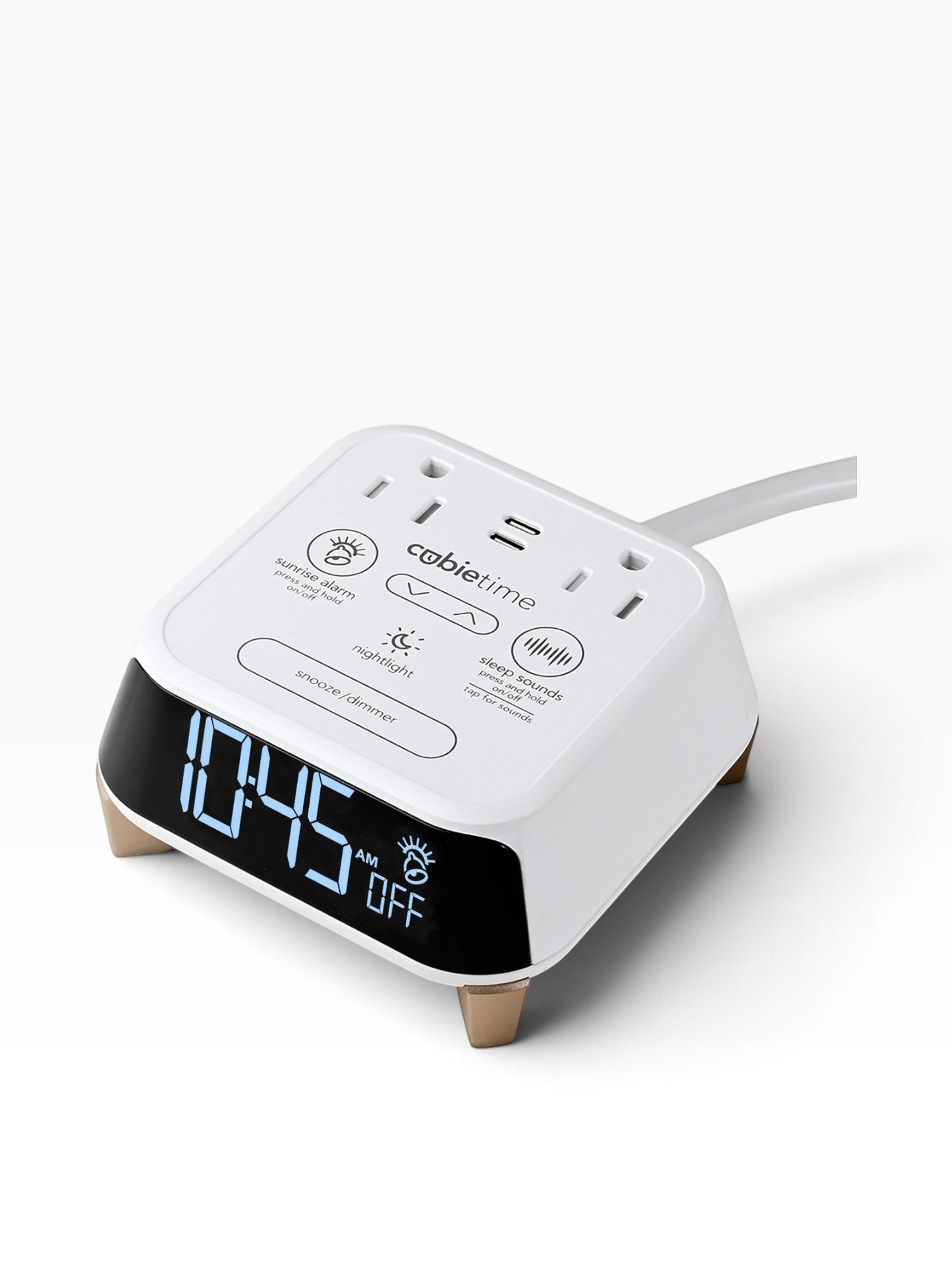 Valiant Products CubieTime Zen white charging alarm clock with digital display, USB ports, and sleep sound controls.