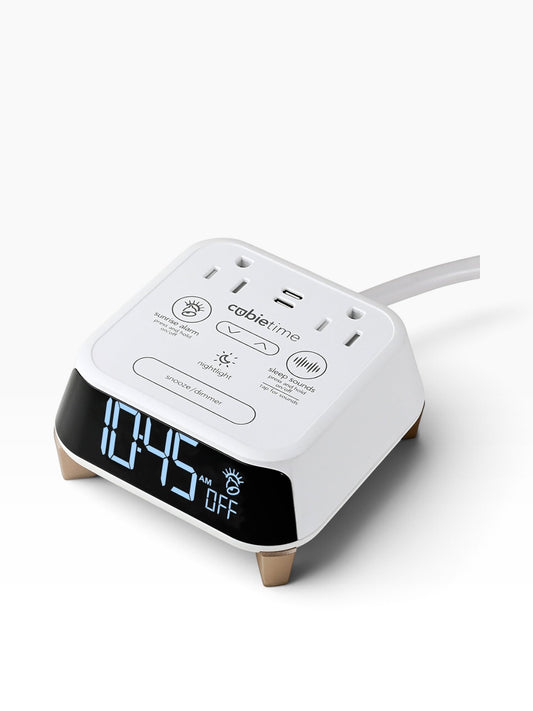 Valiant Products CubieTime Zen white charging alarm clock with digital display, USB ports, and sleep sound controls.